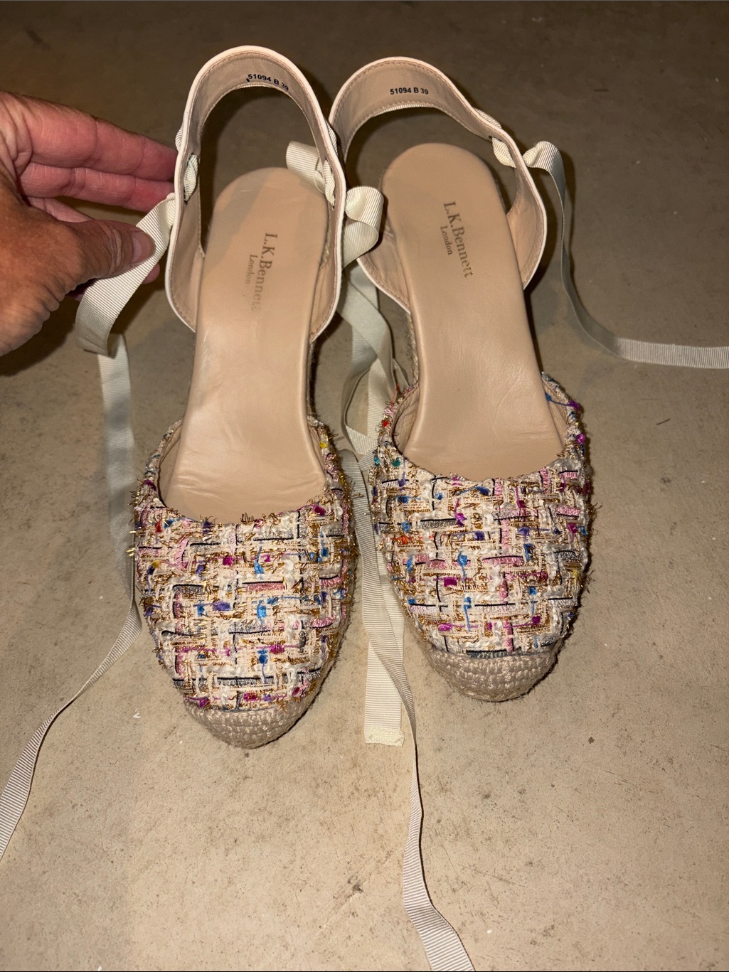 Lk Bennett Multicolor Tweed Espadrille Flats With Cream Ribbon Ties